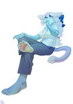 4_fingers 4_toes accessory anthro barefoot blue_body blue_eyes blue_fur bottomwear bow_ribbon braided_hair breasts claws clothed clothing countershade_feet countershading crossed_legs feet female fingers fur hair hair_accessory hair_bow hair_ribbon hand_on_knee hand_on_leg hindpaw humanoid_feet kemono legwear long_hair looking_up pants pawpads paws pink_pawpads plantigrade ponytail ribbons shirt simple_background sitting soles solo toe_claws toes topwear underwear white_background white_clothing white_hair white_shirt white_topwear aruurara hashimoto-chan felid feline mammal 2022 digital_media_(artwork) hi_res