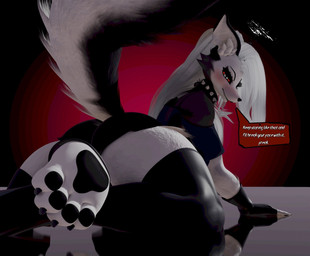 anthro big_butt blush bottomwear butt clothed clothing collar degradation dialogue facial_tuft feet female fingerless_gloves fluffy fluffy_tail foot_focus fur gloves hair handwear hotpants kneeling legwear looking_at_viewer looking_back pawpads paws red_eyes reflection shorts solo spiked_collar spikes stockings tail talking_to_viewer text thick_thighs tuft white_body white_fur white_hair anaroth dogzeela_(modeler) hellaverse helluva_boss mythology loona_(helluva_boss) canid canid_demon canine demon hellhound mammal mythological_canine mythological_creature 3d_(artwork) digital_media_(artwork) english_text hi_res
