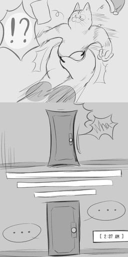 anthro bodily_fluids claws closing_door clothing dialogue directional_arrow disembodied_hand door duo ears_up ellipsis grabbed grey_background half-closed_eyes hat headgear headwear holding_object holding_pillow insomnia interrobang male male/male motion_lines narrowed_eyes night_cap pillow pointy_ears prick_ears shocked simple_background size_difference solo_focus speech_bubble surprised sweat text time time_skip tired tired_eyes waist_grab wall_(structure) whiskers white_background watercat072564 dreamworks puss_in_boots_(franchise) death_(puss_in_boots) puss_in_boots_(dreamworks) canid canine canis domestic_cat felid feline felis mammal tabby_cat wolf absurd_res comic hi_res monochrome