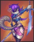 abstract_background anthro armor clothed clothing dagger eyelashes female fur fur_markings grey_body grey_fur grey_nose hair holding_melee_weapon holding_object holding_sword holding_weapon inner_ear_fluff legwear long_hair looking_at_viewer looking_back looking_back_at_viewer markings melee_weapon purple_eyes purple_hair purple_markings rear_view skimpy solo spots spotted_body spotted_fur spotted_markings spotted_tail sword tail tail_markings thigh_highs tuft weapon white_markings prisma6 digital_drawing_(artwork) digital_media_(artwork) hi_res portrait shaded soft_shading three-quarter_portrait