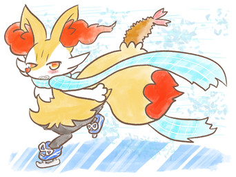 ambiguous_anthro ambiguous_gender anthro biped blush clothing digitigrade food footwear ice_skates ice_skating leaning leaning_forward looking_at_viewer object_in_tail scarf shoes shrimp_(food) side_view smile snout solo tail teeth toothy_grin annyui0611 nintendo pokemon braixen canid generation_6_pokemon mammal pokemon_(species) 2021 digital_drawing_(artwork) digital_media_(artwork) full-length_portrait hi_res japanese_description portrait translated_description