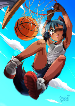 anthro ball basketball_(ball) bottomwear clothed clothing female low-angle_view one_eye_closed shorts solo tongue wink stalkingp brand_new_animal studio_trigger michiru_kagemori canid canine mammal raccoon_dog digital_media_(artwork)