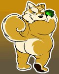 anthro big_butt butt curled_tail facial_hair fur looking_at_viewer looking_back male money mustache nude one_eye_closed pawpads short_stack slightly_chubby solo tail wink yellow_body yellow_eyes yellow_fur barakatalogue lifewonders live_a_hero procy canid canine canis domestic_dog mammal