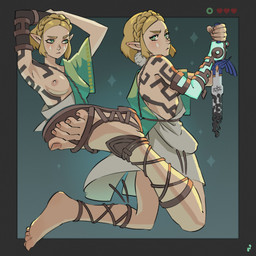5_toes alternate_costume areola blonde_hair breasts clothing feet female foot_focus footwear front_view hair humanoid_feet humanoid_pointy_ears melee_weapon nipples not_furry one_breast_out one_shoe_on plantigrade pointy_ears sandals shoes side_boob solo sword tattoo toes weapon mohoshadream nintendo tears_of_the_kingdom the_legend_of_zelda princess_zelda humanoid hylian 1:1 2023 absurd_res hi_res