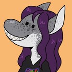 anthro belly black_clothing black_hoodie black_topwear chibi clothing countershading dot_eyes female freckles grey_body hair hoodie long_hair nom purple_hair sharp_teeth simple_background smile solo spots teeth text topwear white_belly zibeline shelby_(aquasnug) fish mackerel_shark marine salmon_shark shark white_shark 1:1 animated bust_portrait hi_res icon portrait short_playtime