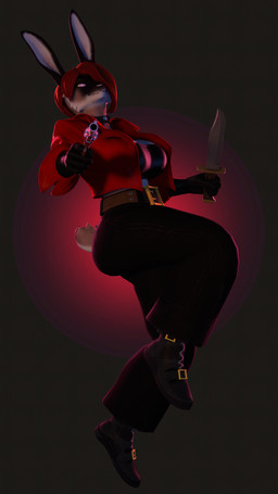 anthro belt belt_buckle big_breasts black_bottomwear black_choker black_clothing black_footwear black_gloves black_handwear black_jewelry black_necklace black_pants black_shoes black_topwear bottomwear bowie_knife breasts buckle buckteeth choker cleavage clothed clothing evil_grin female footwear fur gloves gradient_background gun hair handgun handwear holding_gun holding_handgun holding_knife holding_object holding_ranged_weapon holding_revolver holding_weapon jacket jewelry knife leather leather_clothing leather_gloves leather_handwear leather_jacket leather_topwear long_ears looking_at_viewer multicolored_body multicolored_fur necklace pants pointing_gun pointing_gun_at_viewer purple_eyes ranged_weapon red_clothing red_hair red_jacket red_topwear revolver shoe_buckles short_hair short_tail simple_background smile solo tail teeth topwear weapon thevestige petruz_(modeler) iris_(thevestige) rabbit_(petruz) lagomorph leporid mammal rabbit 3d_(artwork) 9:16 digital_media_(artwork) hi_res source_filmmaker_(artwork)