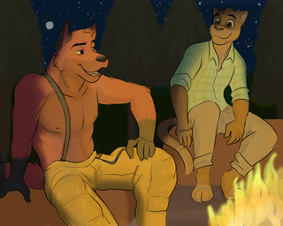 anthro campfire camping chatting duo forest male plant tree jackaloo blaze_wolf jesse_cat canid canine canis domestic_cat felid feline felis mammal wolf 5:4