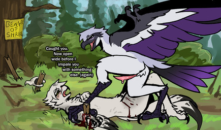ambiguous_gender anthro avian_feet blood bodily_fluids dialogue duo erection feathers feet genitals imminent_rape imminent_sex impalement looking_down looking_down_at_partner lying male male/ambiguous on_back open_mouth penis pinned pinned_to_ground scared spread_wings stake tail tail_feathers talons tapering_penis text threatening toes warning_sign wings wounded nikita_(artist) birdpathy nikita_(nikita) avian bird great_grey_shrike owl english_text hi_res