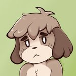 anthro black_nose black_sclera brown_body brown_fur brown_hair fur green_background hair looking_at_viewer male simple_background solo white_eyes sherwind52 animal_crossing nintendo digby_(animal_crossing) canid canine canis domestic_dog mammal 1:1 hi_res signature