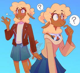 5_fingers anthro black_text blue_background blue_bottomwear blue_clothing blue_skirt blush blush_lines bottomwear bracelet brown_body brown_fur closed_smile clothed clothing eyebrows eyelashes femboy fingers fluffy fur gesture gradient_background hair hand_gesture happy heart_reaction heart_symbol jacket jewelry leather leather_clothing leather_jacket leather_topwear male mouth_closed neckwear ok_sign pattern_clothing pattern_topwear ponytail question_mark raised_eyebrows simple_background skirt smile solo speech_bubble standing sweater tail tail_motion tailwag tan_hair teeth text topwear heresvix dani_(heresvix) bovid caprine mammal sheep 2025 hi_res male_(lore)