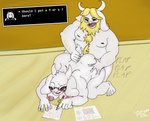 absurd_res ambiguous_penetration anthro asgore_dreemurr ass_up beard blonde_hair blush boss_monster_(undertale) bovid breasts caprine digital_media_(artwork) distracted distracted_sex doggystyle duo eyewear facial_hair female from_behind_position fur glasses goat hair hand_on_butt hi_res horn kneeling lewdstuffstack long_ears male male/female mammal mature_anthro mature_female mature_male nipples nude open_mouth paper pencil penetration sex sudoku tail tail_grab text text_box toriel undertale undertale_(series) white_body white_fur