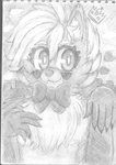 anthro blush brown_body brown_fur cute_fangs fangs first_person_view fluffy fur hair looking_at_viewer macro male ribbons simple_background smile solo teeth white_hair yellow_body yellow_fur don_random logan_grey canid canine fox mammal black_and_white greyscale hi_res monochrome