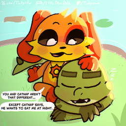 anthro black_eyes blush blush_lines bodily_fluids charm_(jewelry) claws dialogue duo fangs fur grass green_body hand_on_head jewelry lily_pad log male necklace open_mouth open_smile orange_body orange_fur outside plant pupils resting river sleeping smile sound_effects sweat sweatdrop teeth text tongue vowelless vowelless_sound_effect white_pupils wood yellow_body yellow_fur zzz tinky mob_entertainment nightmare_critters poppy_playtime smiling_critters allister_gator_(poppy_playtime) dogday_(poppy_playtime) alligator alligatorid canid canine canis crocodilian domestic_dog mammal reptile scalie hi_res url