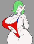 big_breasts bikini breasts cleavage clothed clothing female green_hair grey_background hair huge_breasts neck_to_crotch_swimsuit nervous nipple_outline not_furry one-piece_swimsuit simple_background skimpy sling_bikini solo swimwear two-piece_swimsuit wide_hipped_female wide_hips seiiartworks nintendo pokemon gardevoir generation_3_pokemon pokemon_(species) absurd_res hi_res