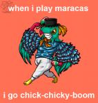 ambiguous_gender anthro clothed clothing feathers green_body green_feathers hat headgear headwear holding_musical_instrument holding_object humor maraca musical_instrument orange_background parody percussion_instrument simple_background smile solo teeth text tigerlilylucky nintendo pokemon the_mask generation_6_pokemon hawlucha pokemon_(species) 2014 english_text low_res meme signature