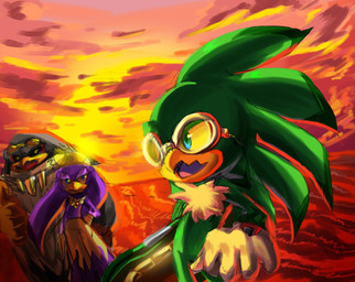 anthro beak blue_eyes bottomwear chest_tuft clothing detailed_background extreme_gear eyewear female fur goggles green_body grey_body group half-closed_eyes jewelry kerchief male midriff narrowed_eyes necklace pants purple_body sunglasses sunset toony tuft captain-tot sega sonic_riders sonic_the_hedgehog_(series) jet_the_hawk storm_the_albatross wave_the_swallow accipitrid accipitriform albatross avian bird hirundinid oscine passerine procellariiform swallow_(bird) detailed