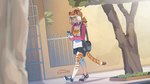 blue_eyes bottomwear clothing electronics female footwear outside phone pink_sleeves plant shirt shoes skirt sneakers solo striped_body stripes topwear tree white_clothing white_shirt white_topwear luxar92 pancake_(luxar92) felid mammal pantherine tiger hi_res