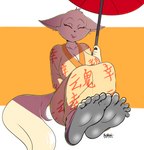 5_toes anthro asian_clothing barefoot big_breasts black_soles blush breasts cleavage clothed clothing countershade_feet countershading east_asian_clothing eyes_closed feet female fluffy fluffy_tail foot_focus huge_breasts humanoid_feet japanese_clothing kimono looking_at_viewer open_mouth open_smile parasol plantigrade sitting smile soles solo spread_toes tail toes howsplendid kimota canid canine fennec_fox fox mammal true_fox hi_res