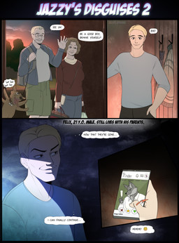 anthro blonde_hair breasts cellphone clothed clothing dating_app dialogue duo electronics evil_grin female feral fully_clothed good_boy hair male phone smartphone smile speech_bubble text thought_bubble jazzy_johima canid canine canis domestic_dog human mammal wolf comic english_text hi_res