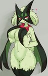 3_fingers anthro big_breasts biped breasts cleavage clothed clothing female fingers green_body grey_background heart_symbol looking_at_viewer navel pupils red_eyes simple_background slit_pupils solo skeletons62 nintendo pokemon generation_9_pokemon meowscarada pokemon_(species) hi_res