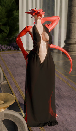 anthro blue_eyes breasts claws clothing costume curtains female furniture half_naked horn open_mouth princess royalty scales stretching yawn falconfeather mythology falconclaw_(character) dragon mythological_creature mythological_scalie scalie 3d_(artwork) digital_media_(artwork) hi_res