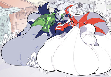 ambiguous_gender american_football anthro beak belly big_belly big_butt bloated blue_body blue_feathers bottomwear butt car clothing digestion duo electronics facing_each_other feathers female grey_body grey_feathers grey_scales groaning_belly hand_on_belly hat headgear headwear huge_belly huge_butt imminent_vore medium_truck morbidly_obese morbidly_obese_anthro morbidly_obese_female obese obese_anthro obese_female overweight overweight_anthro overweight_female pants recursive_vore res resting_on_belly scales shirt smile smiling_at_another smiling_at_each_other sport sweater tail television thick_thighs topwear truck van vehicle vore weight_gain white_belly boot_(artist) boston_red_sox mlb new_england_patriots nfl seattle_seahawks avian bird lizard reptile scalie 2026 hi_res