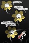 black_background evil_grin feral glowing glowing_eyes looking_at_viewer male not_furry plant shaking sharp_teeth simple_background smile solo teeth text thorns vial blinkpen undertale undertale_(series) flowey_the_flower elemental_creature flora_fauna 2015 2:3 english_text