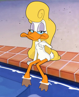 3_toes 4_fingers adolescent anthro arm_support beak beak_closed biped blonde_hair blue_eyes blue_sclera breasts brick eyebrows eyelashes feathers featureless_breasts featureless_crotch feet female female_anthro fingers hair half-closed_eyes long_hair looking_at_viewer membrane_(anatomy) mouth_closed narrowed_eyes non-mammal_breasts nude nude_anthro nude_female orange_beak orange_feet orange_legs orange_scutes partially_submerged poolside pupils scuted_legs scutes sitting small_breasts solo swimming_pool tail tail_feathers toes water webbed_feet white_body white_feathers young young_anthro young_female mopgoblin tiny_toon_adventures warner_brothers shirley_the_loon anatid anseriform avian bird duck 2026 hi_res