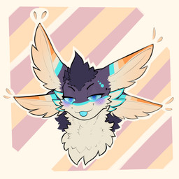 4_ears abstract_background ambiguous_gender anthro blep blue_body blue_eyes blue_markings blue_sclera blue_tongue blush cheek_tuft chest_tuft countershading facial_tuft feathers fluffy fur looking_at_viewer markings multi_ear multicolored_body narrowed_eyes neck_tuft pattern_background simple_background smile smug solo striped_background tongue tongue_out tuft tufted_fur white_body reetogoth solace_(avali) avali avian bird 1:1 2026 colored digital_drawing_(artwork) digital_media_(artwork) headshot_portrait hi_res portrait male_(lore)