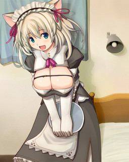 armwear bed bedroom big_breasts blonde_hair blue_eyes blush breasts cleavage clothed clothing :d dress elbow_gloves female footprint furniture gloves green_eyes hair handwear huge_breasts inside looking_at_viewer maid_headdress maid_uniform open_dress open_mouth open_smile partially_clothed pawprint smile solo standing uniform fuyu animal_humanoid cat_humanoid felid felid_humanoid feline feline_humanoid humanoid mammal mammal_humanoid 4:5