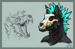 2012 airu ambiguous_gender anthro blue_hair bone bust_portrait canid canine canis fangs glowing glowing_eyes hair mammal mohawk open_mouth portrait scar sketch skull solo teeth undead wolf