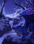 ambiguous_gender beak detailed_background feathered_wings feathers feral multicolored_body multicolored_feathers night outside paws purple_eyes smile snow solo wings reilukah mythology felixgryphon avian gryphon mythological_avian mythological_creature 2018 digital_media_(artwork) purple_theme shaded