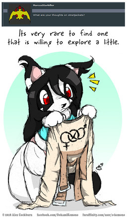 anthro ask_blog black_body black_fur black_hair clothed clothing dialogue female female_symbol fully_clothed fur gender_symbol hair humor kemono male_symbol panties pun red_eyes restraints solo straitjacket symbol text underwear visual_pun white_body white_fur o-kemono furaffinity pussycat_(o-kemono) domestic_cat felid feline felis mammal 2018 english_text