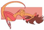 anthro big_breasts breasts brown_hair clothing female footwear footwear_only grabbing_own_breast hair long_hair long_neck long_tail lying mostly_nude nipples nude simple_background solo spread_legs spreading tail sblitos ruby_(nutjobgto) reptile scalie snake 2023 hi_res signature