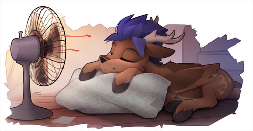 ambiguous_gender antlers eyes_closed feathers feral fur hair hooves horn inside lying on_front pillow smile solo tail wings yakovlev-vad deer mammal 2026 digital_drawing_(artwork) digital_media_(artwork) hi_res