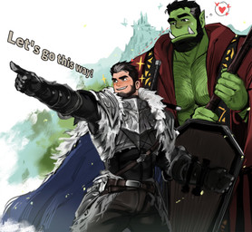 abs beard black_hair duo facial_hair fangs green_body green_skin hair humanoid_pointy_ears male muscular muscular_humanoid muscular_male pecs pointy_ears size_difference teeth dopq human humanoid mammal orc absurd_res hi_res
