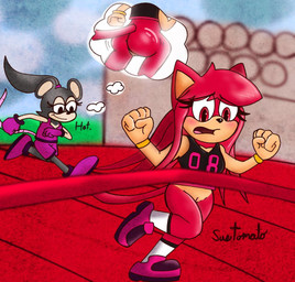 anthro blush bottomless bottomwear butt clothed clothing duo female footwear genitals gloves hair handwear long_hair racetrack running shoes shorts socks tail vulva sussytomato sega sonic_the_hedgehog_(series) lindsey_(sussytomato) domestic_cat felid feline felis mammal mouse murid murine rodent
