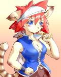 4:5 4_fingers anthro archived_source armband bandanna blue_eyes breasts clothing felid feline female fingers fur g-sun hair kemono kerchief low_res mammal markings red_hair sack short_hair simple_background solo striped_markings striped_tail stripes tail tail_markings tan_body tan_fur