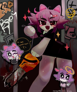 accessory anthro black_clothing black_dress blood blush bodily_fluids bow_(feature) bow_accessory bow_ribbon chainsaw clothed clothing detailed_background dress emote female fur gloves_(marking) graffiti hair hair_accessory hair_bow hair_ribbon heart_symbol holding_chainsaw holding_object holding_power_tool holding_tool looking_at_viewer markings multicolored_body multicolored_fur open_mouth open_smile panties power_tool purple_body purple_fur purple_hair ribbons smile solo sparkles superflat teeth text tools underwear white_body white_fur ssery228 vkontakte masyunya_(vkontakte) domestic_cat felid feline felis mammal 2022 5:6 artist_name russian_text translated