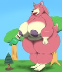 anthro areola belly big_areola big_belly big_breasts breasts female fur huge_breasts huge_hips nipples pink_body pink_fur plant solo tree watering_can wide_hips alythewolfcat animal_crossing nintendo freya_(animal_crossing) canid canine canis mammal wolf hi_res