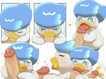 ambiguous_focus ambiguous_gender avian_feet beak bestiality biped bipedal_feral blue_body blue_eyes blue_feathers blush bodily_fluids cum cum_in_mouth cum_inside cumshot cumshot_in_mouth disembodied_penis duo ejaculation eyelashes eyes_closed feathers fellatio feral feral_focus feral_penetrated front_view genital_fluids genitals glans heart_symbol hearts_around_head human_on_feral human_penetrating human_penetrating_feral humanoid_genitalia humanoid_penis interspecies larger_human larger_male leaking_precum licking licking_lips licking_tip looking_at_another looking_at_partner male narrowed_eyes onomatopoeia oral oral_penetration penetration penile penile_penetration penis penis_in_mouth pokephilia precum saliva saliva_on_penis sex side_view size_difference smaller_ambiguous smaller_feral smaller_penetrated solo_focus sound_effects text three-quarter_view tongue tongue_out white_body white_feathers beageiso nintendo pokemon generation_9_pokemon human mammal pokemon_(species) quaxly 2026 4:3 cel_shading digital_drawing_(artwork) digital_media_(artwork) hi_res japanese_text sequence shaded