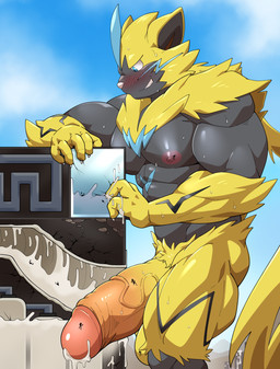 after_sex anthro balls big_muscles big_penis blue_eyes blush bodily_fluids body_worship cum cum_inside destruction excessive_cum excessive_genital_fluids facility flooding fur genital_fluids genitals glans grin half-erect huge_muscles huge_penis humanoid_genitalia humanoid_penis hyper hyper_genitalia hyper_penis internal machine macro male milking_machine muscular muscular_anthro muscular_male nipples pecs penetrable_sex_toy penile penis penis_milking sex_toy smile solo thick_penis yellow_body yellow_fur maldu nintendo pokemon felid generation_7_pokemon legendary_pokemon mammal pokemon_(species) zeraora absurd_res hi_res