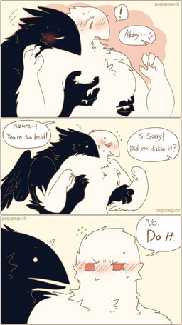 3_panel_comic anthro arm_tuft biped black_body black_feathers black_wings blush cheek_tuft chest_grab chest_tuft cuddling dialogue duo elbow_tuft eyes_closed facial_tuft feather_tuft feathers half-closed_eyes head_on_shoulder head_tuft heart_after_text heart_symbol interrobang interspecies inviting looking_at_another looking_at_partner looking_back looking_back_at_another looking_back_at_partner male name_drop name_in_dialogue narrowed_eyes neck_tuft nude nude_anthro nude_male side_view simple_background surprised sweat_emanata tan_background text tuft white_body white_feathers wide_eyed wings lovebuffpg45 abby_(pegu2726) azure_(pegu2726) avian bird corvid oscine passerine 2024 artist_name comic digital_drawing_(artwork) digital_media_(artwork) english_text hi_res