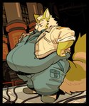 anthro belly belly_overhang big_belly big_tail biped bodily_fluids clothed clothing eyes_closed footwear fur green_body green_fur hair hand_on_hip huge_belly inside jacket jumpsuit love_handles machine male markings mechanic multicolored_body multicolored_fur obese obese_anthro obese_male overweight overweight_anthro overweight_male pink_nose shoes slippers solo standing sweat sweatdrop tail tail_markings tan_body tan_fur tan_hair three-quarter_view tongue tongue_out topwear two_tone_body two_tone_fur wire raymodule technician_(raymodule) canid mammal unknown_species 2023 full-length_portrait hi_res portrait