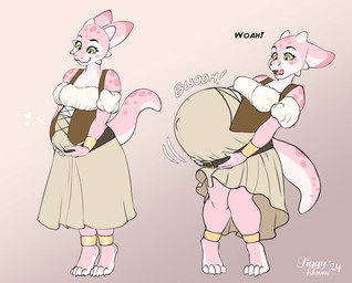 anthro belly belly_expansion big_belly closed_smile clothed clothing dress expansion female green_eyes huge_belly mouth_closed navel navel_popping open_mouth outie_navel pink_body pink_tail pink_tongue pregnant pregnant_anthro pregnant_female rapid_pregnancy shocked simple_background smile solo standing tail tongue white_body white_tail tiggybloom cheesecake_(tiggybloom) kobold scalie 2024 absurd_res dated hi_res