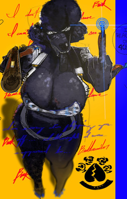 animal_print anthro big_breasts black_body black_fur black_tongue blue_nails bottomwear breasts cleavage clothed clothing colored_nails eyelashes female flipping_viewer_off fur gesture golden_gun gun hair hand_gesture hotpants huge_breasts jacket leopard_print looking_at_viewer mature_female middle_finger nails perspective ranged_weapon shorts simple_background skimpy solo teeth thick_thighs tongue tongue_out topwear weapon white_eyelashes wide_hips writing_text yellow_background brothersmiler trilla_(brothersmiler) canid canine canis domestic_dog mammal poodle 2025 hi_res signature