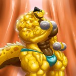1:1 anthro big_muscles big_pecs big_tail black_clothing blue_clothing bodily_fluids brown_body brown_countershading clothing countershading dumbbell exercise glistening glistening_body glutes grey_eyes hi_res horned_lizard_(disambiguation) huge_muscles huge_pecs huge_tail hyper hyper_biceps hyper_deltoids hyper_muscles hyper_pecs hyper_quads hyper_tail hyper_triceps kiltio_(kuroma) leg_muscles lizard male manly markings modca muscular one_eye_closed pecs quads reptile scalie simple_background solo spikes spots spotted_body star sweat swimming_cap tail trapezius weightlifting weights wink workout yellow_body yellow_clothing