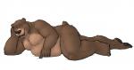 anthro belly biped black_nose butt feet green_eyes looking_at_viewer lying male nude open_mouth overweight overweight_anthro overweight_male paws piercing pose seductive simple_background slightly_chubby smile solo teeth white_background kronexfire bear brown_bear grizzly_bear mammal ursine