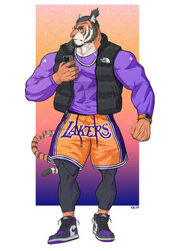 accessory anthro arm_tattoo armband_tattoo biceps black_clothing black_hair black_leggings black_legwear black_shirt black_topwear black_vest border bottomwear cellphone chain_necklace clock clothing ear_piercing ear_ring ear_stud electronics eyewear facial_hair flexing flexing_bicep footwear forearm_muscles fur furgonomics glasses goatee gradient_background grey_clothing grey_shirt grey_tank_top grey_topwear hair holding_cellphone holding_object holding_phone jewelry leggings legwear long_sleeves male multicolored_body multicolored_bottomwear multicolored_clothing multicolored_fur multicolored_shorts muscular muscular_anthro muscular_male necklace obliques orange_body orange_fur pecs phone piercing ponytail print_clothing print_shirt print_topwear purple_bottomwear purple_clothing purple_shorts purple_sneakers ring_piercing serratus shirt shoes short_ponytail shorts sideburns simple_background sneakers socks solo striped_body striped_fur stripes tail tail_accessory tail_jewelry tank_top tattoo topwear two_tone_bottomwear two_tone_clothing two_tone_shorts under_armor vein veiny_muscles vest watch white_body white_border white_fur wristwatch yellow_bottomwear yellow_clothing yellow_shorts kaytormmash los_angeles_lakers nike the_north_face kay_(kaytormmash) felid mammal pantherine tiger 2024 hi_res