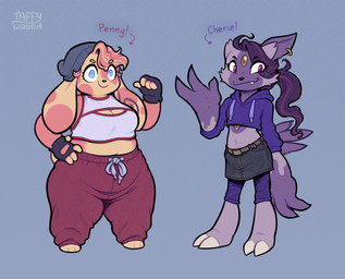 anthro barefoot belt blue_clothing blue_hoodie blue_topwear bottomwear breasts clothing directional_arrow duo feet female fingerless_gloves gloves grey_background handwear hat headgear headwear hoodie midriff pants red_bottomwear red_clothing red_pants simple_background skirt smile spiral spiral_eyes standing tail topwear taffywabbit nintendo pokemon cherie_(taffywabbit) penny_(taffywabbit) generation_3_pokemon generation_8_pokemon hisuian_form hisuian_sneasel pokemon_(species) regional_form_(pokemon) spinda 2025 digital_media_(artwork)